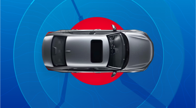 A Honda vehicle emanating circular lines illustrating the Honda Locate Theft Recovery Device signal.