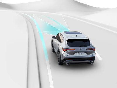 Graphic depiction of vehicle on the road with blue beams emanating from the front of the vehicle. 