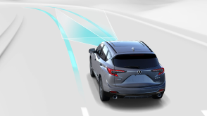 Représentation numérique où tout est blanc sauf le RDX. Plan arrière d’un RDX gris prenant un virage sur une route. Des lignes bleues projetées vers l’avant détectent la ligne discontinue de délimitation des voies.
