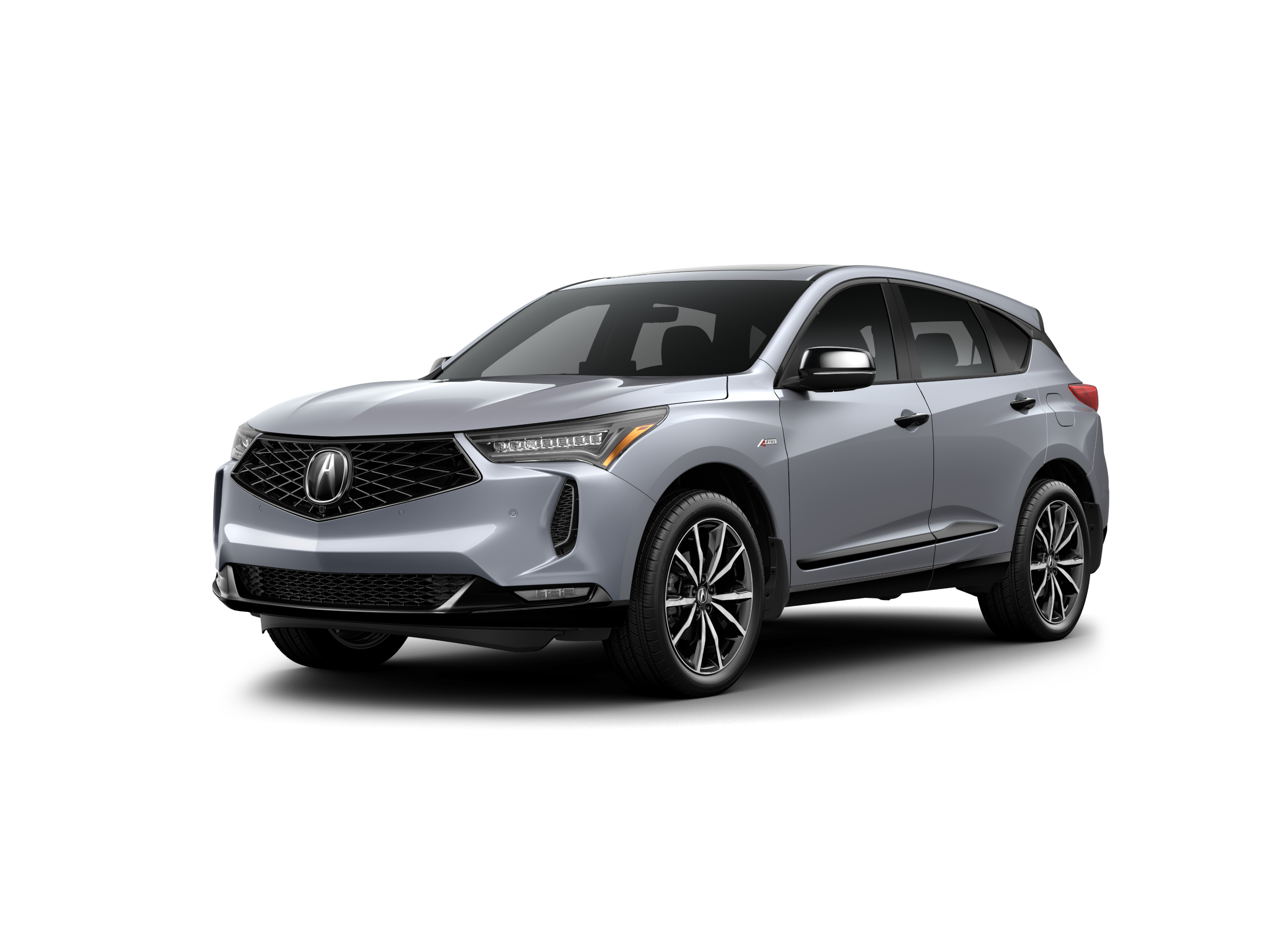 Vue ¾ avant côté conducteur du modèle RDX Platinum Elite A-SPEC 2025 en solaire argent métallisé