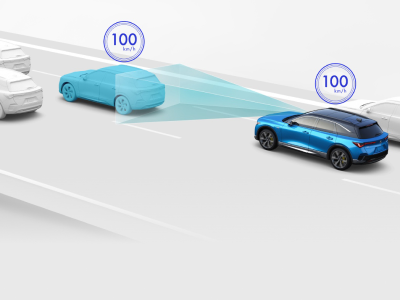 Digital rendering, where everything is white except for the ZDX. 3/4 side view of blue ZDX driving on road. Blue sensor lines emitting from the front of the ZDX detect the car in front.