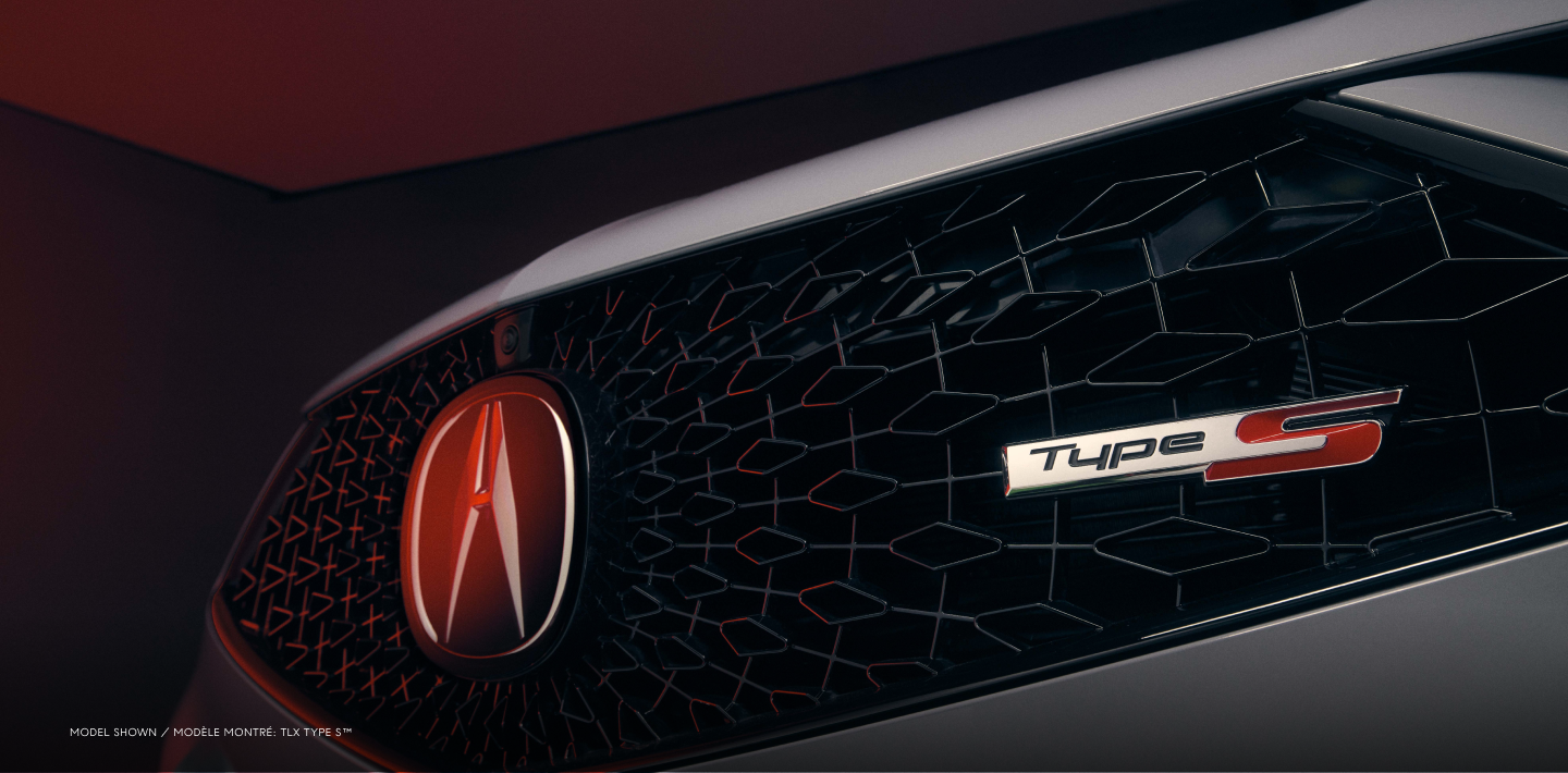 Gros plan de l’emblème Type S sur la calandre d’une TLX Type S grise.