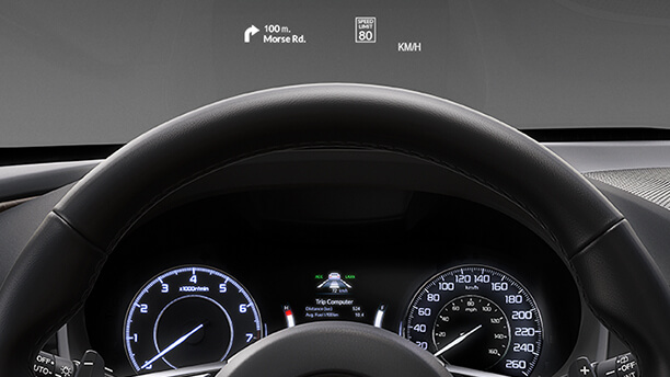 Close up for an Acura’s steering wheel and Heads Up Display. / Un gros plan du volant d’une Acura avec affichage tête haute. 